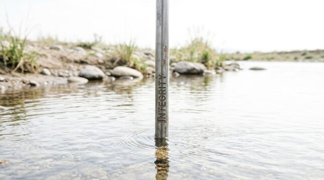 Metal post inscribed with integrity stands in flowing water