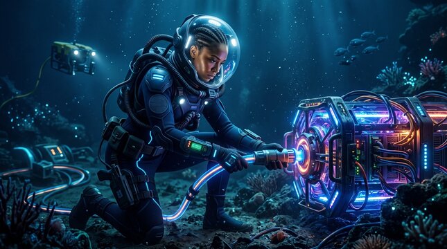 Woman in futuristic diving suit connecting glowing underwater server