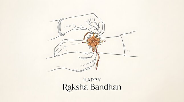 Line art illustration of a sister tying a rakhi on her brothers wrist for the festival of raksha bandhan, isolated on white background