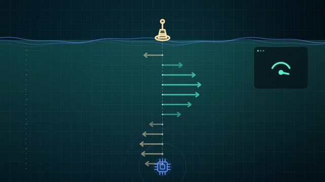 Abstract animated buoy profiling currents through the water column drawn as cyan and teal lines and shapes on a deep dark background. Seamless looping 4K motion graphics video with free space for text