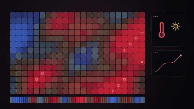 Abstract animated climate anomalies mapped as a heat map drawn as coral and magenta lines and shapes on a deep dark background. Seamless looping 4K motion graphics video with free space for text, idea