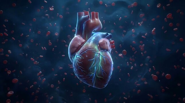 Human heart and red blood cell in dark blue background