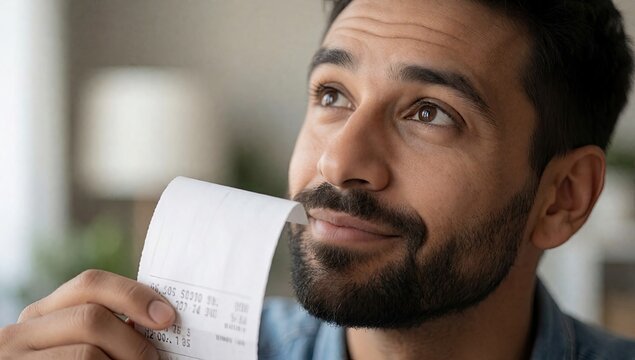 Happy Bearded Man Holding Long Paper Receipt and Dreaming, Personal Finance and Shopping Expenses Concept, Close-Up Portrait for Budget and Retail Background