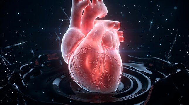Human heart in dark liquid with cosmic background