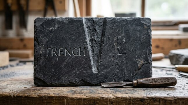 Stone carving displays the word trench with a chisel