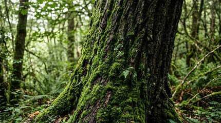 Fototapeta premium Textured Tree Trunk with Vibrant Green Moss Layer in Dense Natural Woodland Setting tree trunk bark moss wood forest nature woodland texture broken natural green close upplant outdoor