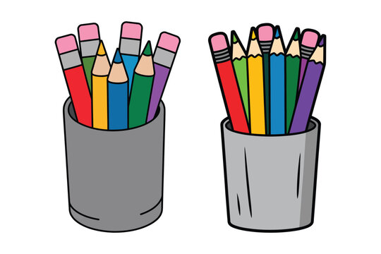 Two pencil holders with colorful pencils