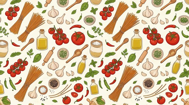 Traditional Wheat Spaghetti Noodles with Fresh Cooking Ingredients and Culinary Supplies Pattern pasta spaghetti ingredient food kitchen pattern background cooking meal raw culinary recipe dish