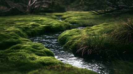 Naklejka premium A serene creek meanders through lush green moss covered terrain under soft natural lighting creating a tranquil and immersive natural scene