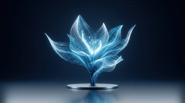 An abstract digital background featuring a blue glowing plant growing from a base in a futuristic, elegant design.