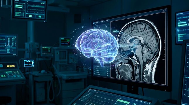Digital human brain and medical scan on monitor