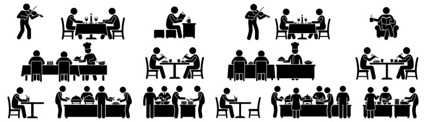 Fototapeta premium Set of black pictogram figures showing people dining in restaurants musicians playing violin reading books enjoying meals at tables buffet service and relaxing indoors chair