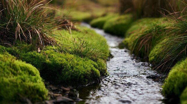 A narrow stream flows gently through a lush green mossy landscape with tall grasses along its banks
