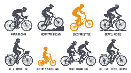 Fototapeta premium Set of various bicycle riding styles and types of cycling activities illustrated as silhouettes.