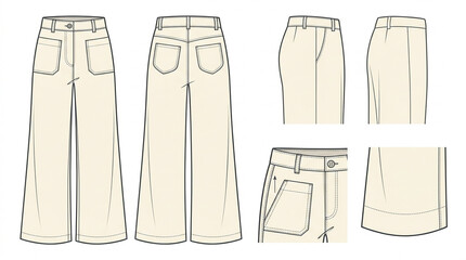 Naklejka premium Technical Flat CAD Vector Mockup for Women's Wide-Leg Pants Design and Apparel Development with Detailed Views