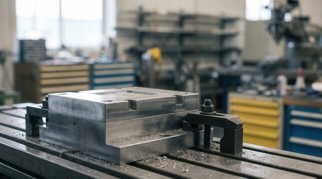 Close-up view of metal stamping die during precision machining in industrial workshop