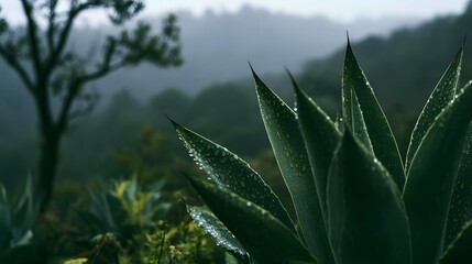 Fototapeta premium Green agave leaves glisten with raindrops against a misty mountain backdrop with soft natural lighting