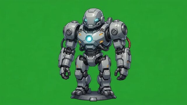 Futuristic white mecha robot standing on green screen background
