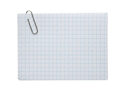 A stack of grid paper sheets held together by a metal paperclip isolated on transparent background