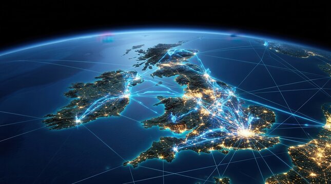 Futuristic map of the United Kingdom illuminated with neon communication pathways and satellites symbolizing global tech connectivity and digital networking.