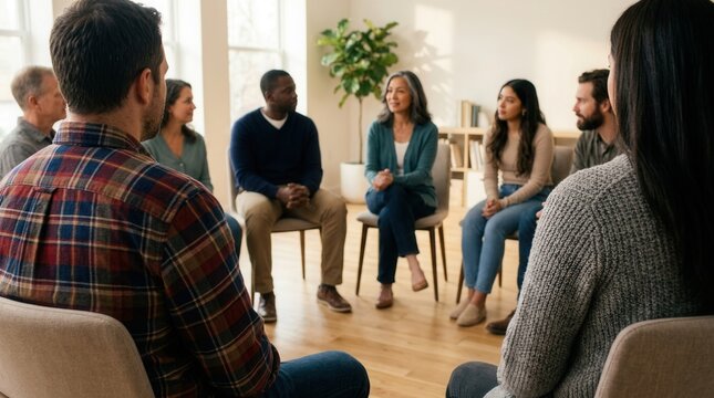 Adult persons in a group therapy circle supporting recovery and empowerment in an addiction treatment setting.