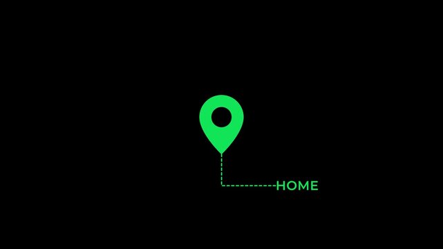 Green location pin with HOME text and dotted path for GPS navigation map marker geolocation real estate address destination motion graphics animation