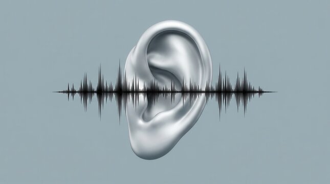 A stylized ear and sound waveform symbolizing auditory diagnosis, hearing screening, and cochlear implant evaluation.