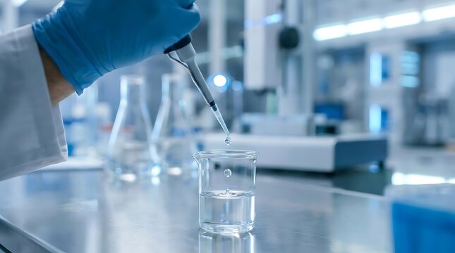 Scientist dropping liquid into glass beaker in laboratory