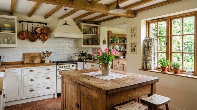 Rustic country kitchen with wooden beams and flowers in a vase kitchen island wooden table hanging pots real estate interior farmhouse natural light cabinets