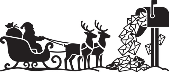 Fototapeta premium Santa claus with reindeer and mailbox depicted in a black silhouette