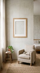 Fototapeta premium Vertical wooden poster frame mockup on rustic plaster wall with beige armchair and soft window light in cozy minimalist room