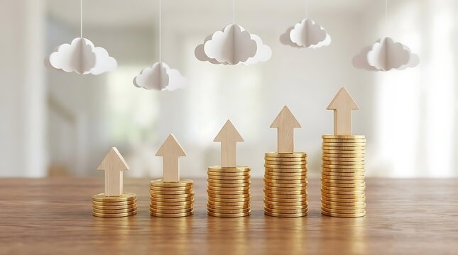 Increasing gold coin stacks with upward wooden arrows