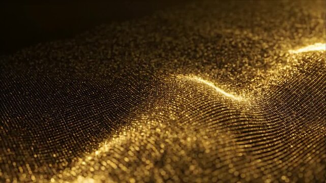 Golden abstract background with luminous shimmering particle texture, flowing wave patterns, glowing folds, metallic surface depth, and elegant dark luxury fabric design for premium visual projects