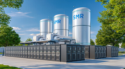 Fototapeta premium High capacity modular data center with cooling tanks and outdoor cabinets blue sky, efficient industrial energy infrastructure, clean modern design