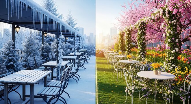 Outdoor cafe terrace showing contrast between winter snow and spring cherry blossom season blooming