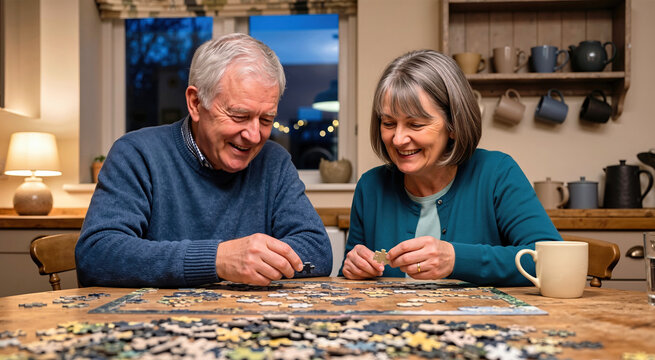 Happy senior couple assembling a jigsaw puzzle at a wooden table. Mature man and woman playing a board game in a cozy kitchen