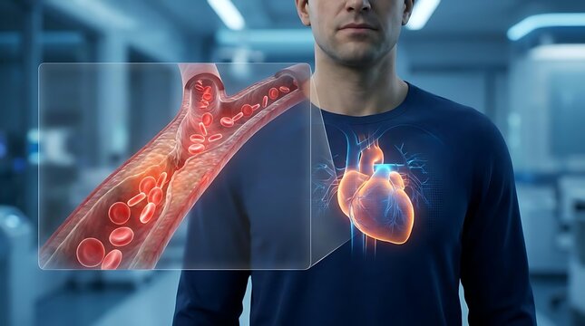Man with digital heart and blood vessel visualization