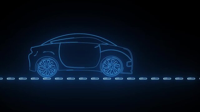 Electric blue neon line of a sedan car traveling on a dashed road path on black background