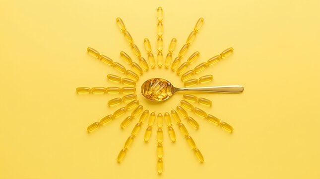 Top Down View of Sun Shaped Arrangement of Gel Capsules with Golden Spoon Containing Vitamin D Supplements vitamin D softgels capsules supplements golden spoon spoon yellow background top view sun