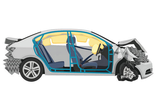 Car Crash Safety Cutaway Diagram &ndash; Vehicle Frame Structure, Airbags and Seatbelt Protection System