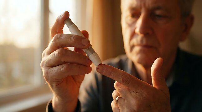 Senior man performing blood glucose test