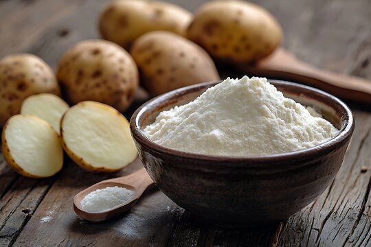 Bowl of starch powder with potatoes on wooden table
