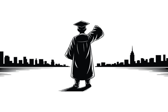 Graduate standing looking at city skyline