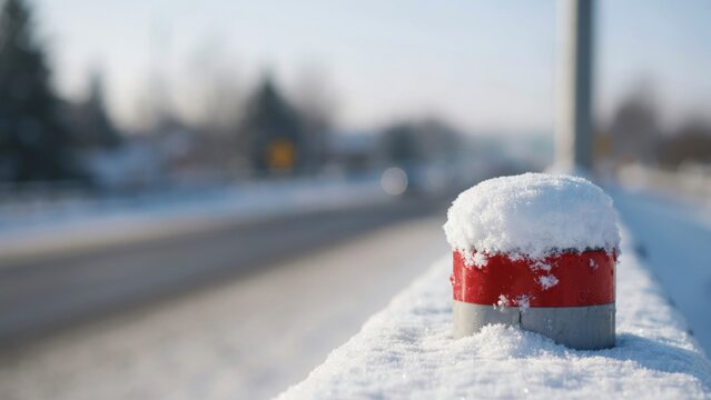 Snowcovered road marker on a winter day