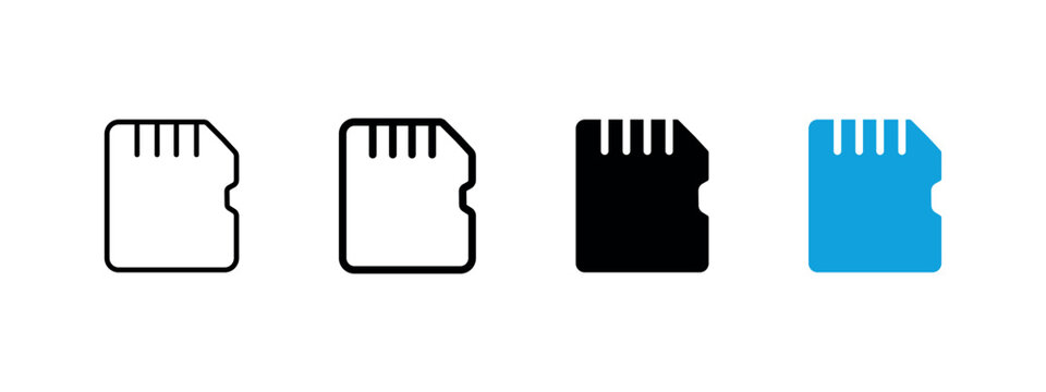 Memory card icon. Camera storage sign. Digital data symbol. Photography storage pictogram. Portable memory for saving photos, videos, and electronic files illustration.