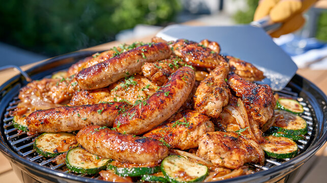 Bright summer backyard barbecue with a round charcoal grill full of sizzling bratwurst, chicken wings and zucchini slices, yellow gloved hand cleaning the cast iron grate using a broad stainless ste