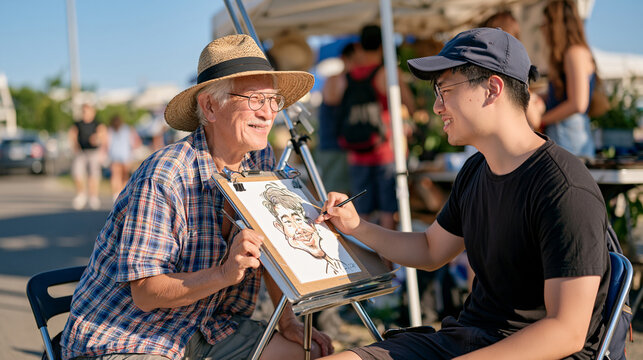 Caricature artist working at an outdoor market stand under harsh midday sun, elderly illustrator sketching a seated subject with bold exaggerated strokes, portrait art service, street artist skilled