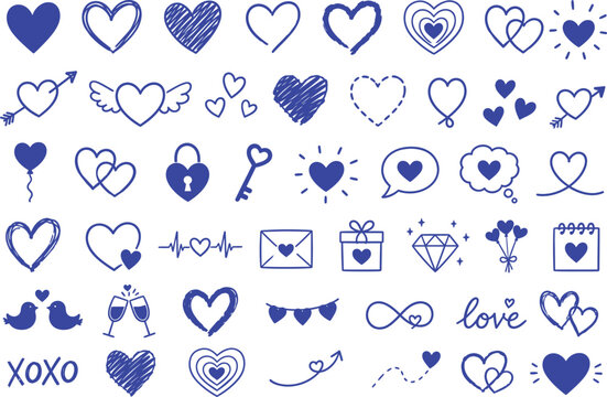 Collection of cute handdrawn hearts and love symbols in various styles and colors