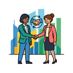 Fototapeta premium two professional businesswomen shaking hands symbolizing business partnership and deal agreement with financial growth background.