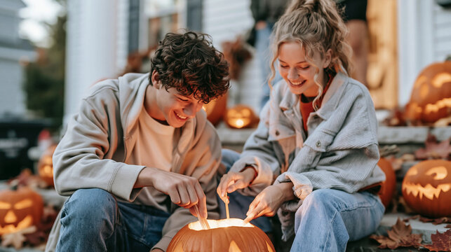 Smiling teenagers carving pumpkin together, celebrating halloween holiday outdoors during autumn evening